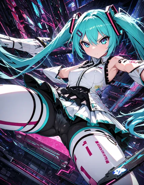 ( hatsune miku, ),       cool girl, seriously,  (bang dream style), cybernetic background , (cameltoe, panties, m-shaped spreading legs, ), ( girl, pov, hetero, ), (cool serious expression, ), (romantic), (dynamic pose), (covered nipples), ( perfect anatom...