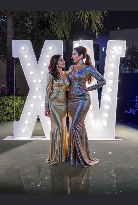 Two stunning women posing elegantly in front of giant marquee letters ‘XV’ glowing with warm white lights, standing on a reflective water surface that softly ripples beneath them. One woman wears a golden, shimmering, long-sleeve gown with a high slit, whi...