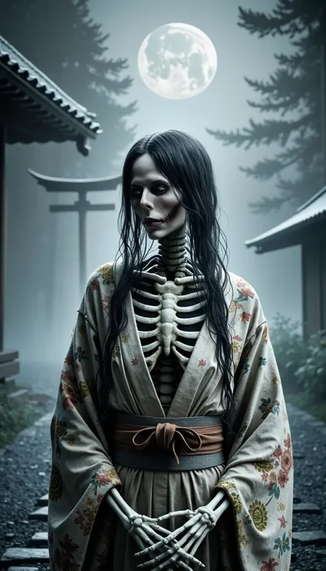 A photorealistic and haunting depiction of a Hone-Onna (Bone Woman) from Japanese folklore. The figure appears skeletal yet ethereal, with visible bone structures under a pale, translucent skin, draped in a weathered, authentic silk kimono. Her hair is lon...