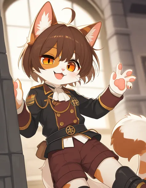 1woman, furry cat, anime, solo, Captain of the Royal Guard, detailed medieval background, medieval brown captain jacket, red and white shirt and shorts, the patch on her right eye, a saber on her belt, brown hair, orange eyes with narrow cat pupils, battle...