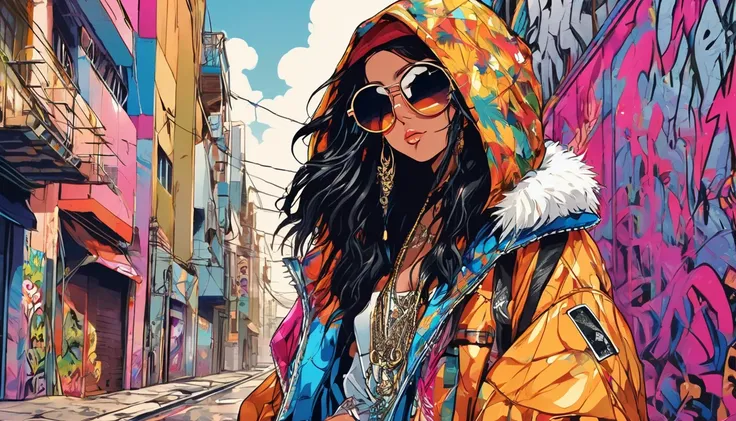  Rebellious Hiphop Woman,  her dark hair is styled in a punk rock style ,  long hair　 compliment her brown eyes and light brown skin . image,  probably vivid paintings ,  accurately captures her bold and unique style . Every Little Detail ,  from her novel...