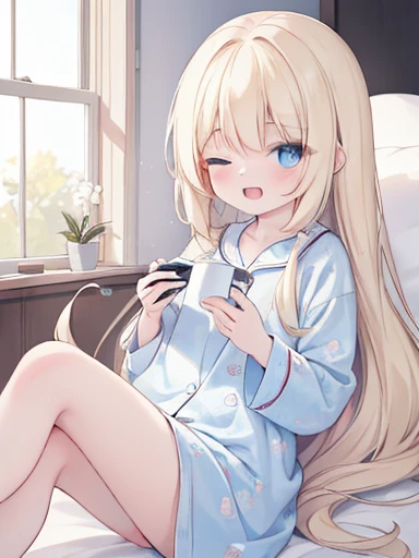 ((4K, A wonderful piece of art , Best quality)), Cute , pale blonde hair ,  blue eyes , a very long twin horse tail,He laughs, double age ,eyes closed, looks at the viewer , full {x} lens reflection, Pajama , bedroom