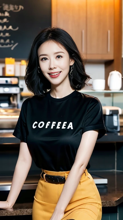 (UHD, anatomically correct, super detail, best quality, 8k, masterpiece)、 one woman、30 years old、Wife working at a coffee shop 、カウンターの前に立つ、 elegant hairstyle to stand in front of the counter、plain t-shirt and long skirt with belt、 big smile、 is placed in t...