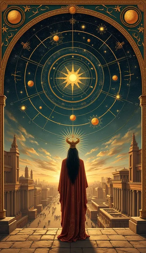 Create an ancient astronomical map from the time of Daniel in Babylon, a dark-haired Arabian man with black hair and a long beard, a man dressed as a Babylonian wizard