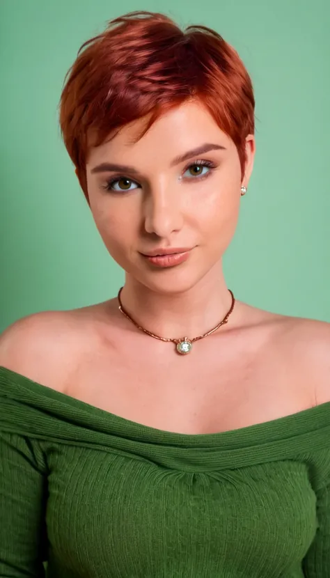 sexy Woman, 25 years old, whole body, curvy, red hair, pixie cut hair, (wrinkled forhead), ((eyes brown-green)), rounded chin, fleshy lips, aquilin nose, Only, colossale , looking at the viewer, bare shoulders,  jewelry, necklace, off shoulder, sweater, re...