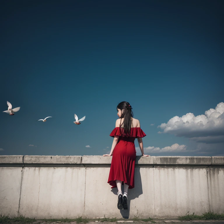 A girl sitting on ruins wall in her red dress. White Pigeons were flying in her back. the background is very black colour. Black background on red lay with white pigeons.