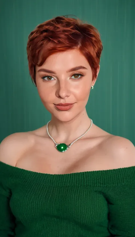 sexy Woman, 25 years old, whole body, curvy, red hair, pixie cut hair, (wrinkled forhead), ((eyes brown-green)), rounded chin, fleshy lips, aquilin nose, Only, colossale , looking at the viewer, bare shoulders,  jewelry, necklace, off shoulder, sweater, re...