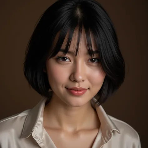 highest quality, Photorealistic, masterpiece, 8K, 1 person, Very beautiful woman, wearing a silk shirt, Short black hair, Straight Hair, Ultra-detailed eyes, Ultra-detailed skin textures, smile, View your viewers