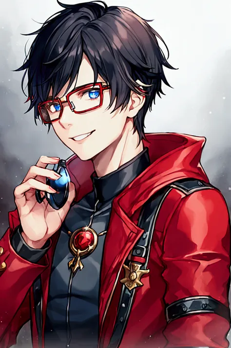 1 boy, Black hair, short hair, Blue eyes, round glasses, red glass, eccentric smile, red jacket, Black shirt, revolver