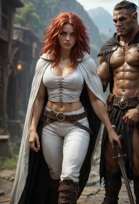 
a storng midly muscular human woman of about 23 years of age with face resembling Motoko with long loose red hair in a spiky free mane and green eyes wearing a tight white t-shirt with cleavage and white belt and a tight white trousers and white boots and...