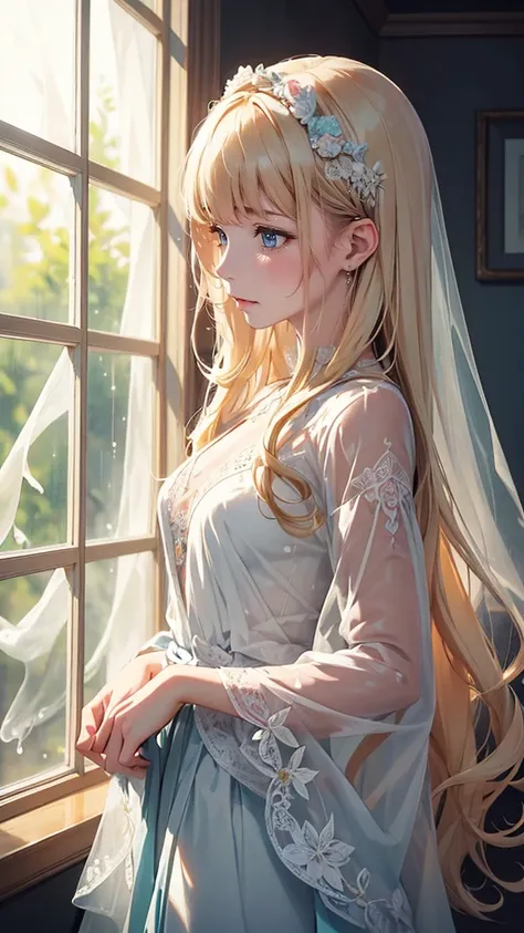 ((highest quality)), ((masterpiece)), ((Ultra-detailed)), (Very delicate and beautiful),Mysterious figure covered in translucent cloth,A girl with beautiful, detailed eyes,Abstract and mysterious girl, Long blonde hair, A swirl of dreamy pastel colors and ...