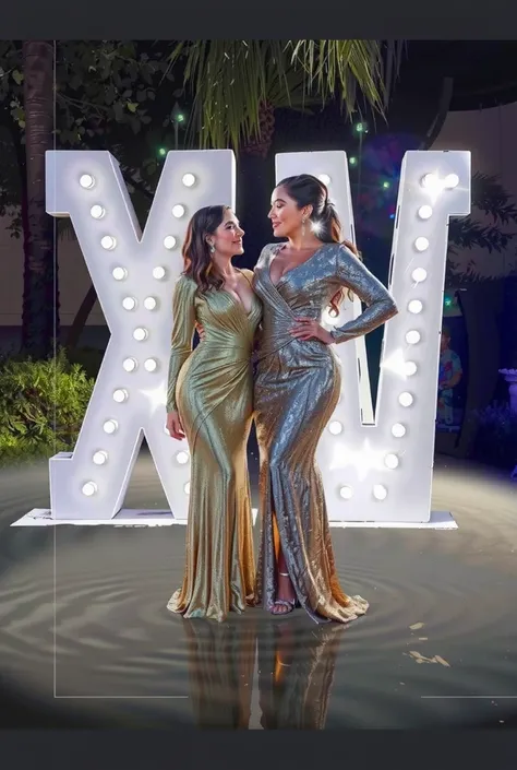 Two stunning women posing elegantly in front of giant marquee letters ‘XV’ glowing with warm white lights, standing on a reflective water surface that softly ripples beneath them. One woman wears a golden, shimmering, long-sleeve gown with a high slit, whi...