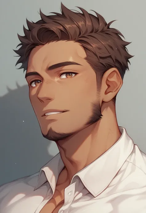 Anime, 1boy,solo,portrait,dress shirt, facing viewer, white shirt, dark brown hair, (hazel eyes) , disheveled and dirty short hair, facial hair, dark beard, tan, toned, Emotionless, no background 