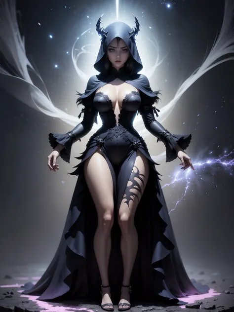 Seductive Grim Reaper Goddess stands before you, radiating an aura of mysterious allure and power. Her presence is captivating, accentuated by an enlarged cleavage that enhances her seductive appeal. Her blue glowing eyes pierce through the darkness, mesme...