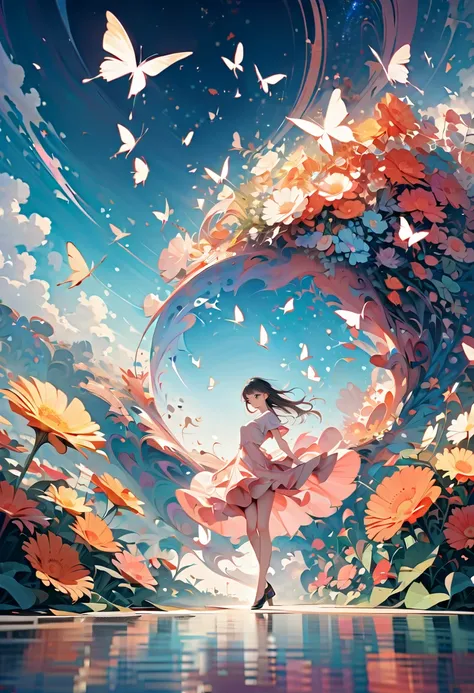 ( Max Image, 4K,   high definition ,  Masterpiece Level : 1.2), Ultra-fine, Watase Seizō, Simple line initials，Abstract art，Galaxy space background, 黄色のflower, Gerbera, flower園,  girl,  blue sky,  cinematic .flower々There are many beautiful, shining butterf...