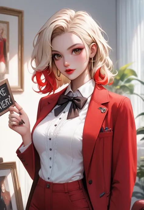 1girl, black nails, solo, black multicolored hair, blonde hair, jewelry, holding, , holding sign, , looking at viewer, earrings, white shirt, shirt, red jacket, jacket, red pants, ring, makeup, two-tone hair, bow, black bow, sign, pants, indoors, lamp, sui...