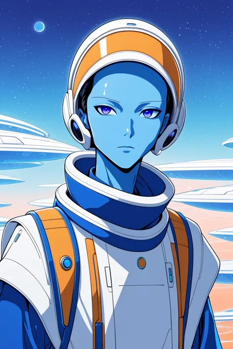 A male alien explorer, with an elongated neck. He has blue skin. He wears simple bazaar-like clothes. The style is futuristic anime. The setting is clean and minimal, a sci-fi-themed background, no text or symbols. The colors are flat and stylized, resembl...