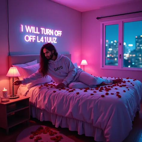  Realistic 4k retro futuristic photograph of a room ,  in the middle of the room there is a bed with rose petals ,  lying on the bed in a sensual way there is a man with long wavy dark brown hair , And he is wearing a white hoodie and white pants ,  on his...