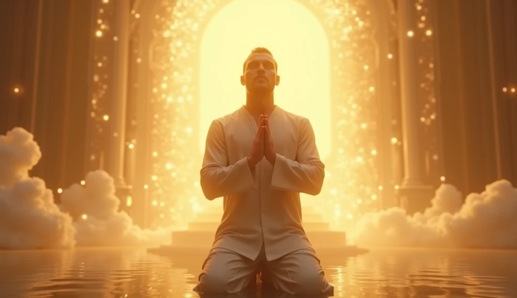 The same man, now illuminated by a soft golden light, kneels in awe in a celestial setting. Behind him, a glowing throne and ethereal light fill the background. His expression is one of humility and reverence, with his hands clasped as if in prayer. The se...