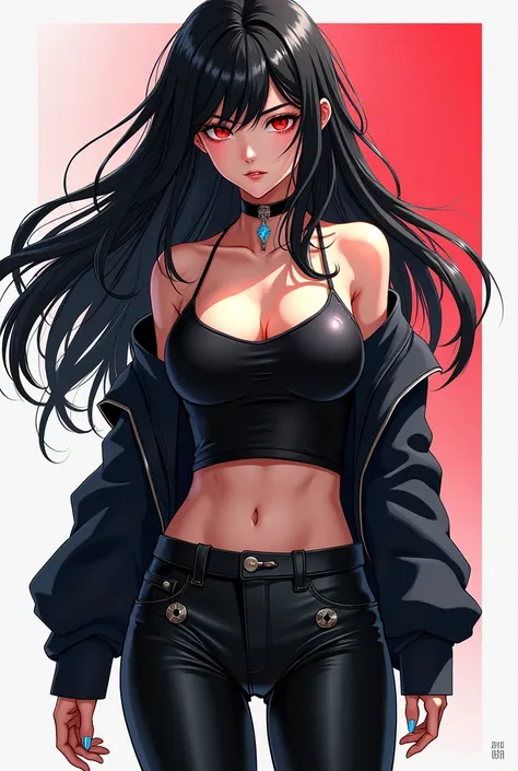 Anime girl with black hair and red yes wearing leather pants and boots.