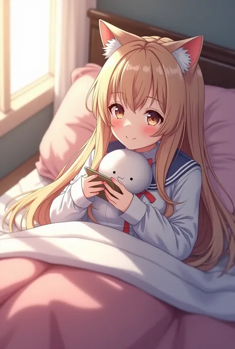  long haired anime girl studying in bed,  plush,smile, from the Azur Lane video game, Very beautiful anime cat girl,  Azur Lane Style , Azur Lane characters ,  beautiful anime cat girl ,  BEAUTIFUL FANTASY ANIMATION ,  trending at cgstation , Charming cat ...