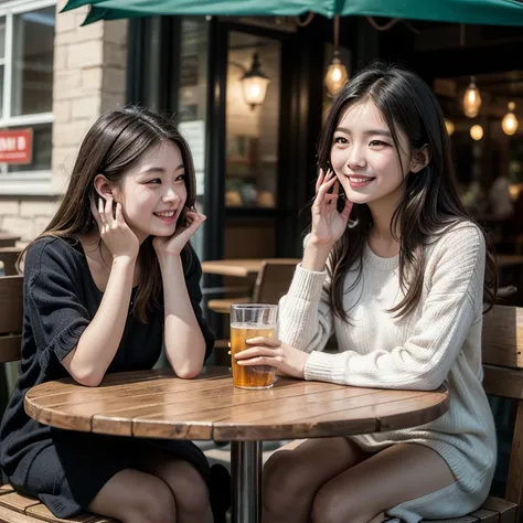 A beautiful woman smiling and talking to a robin bird sitting on outdoor restaurant table.