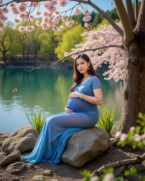 pregnant woman sitting on a rock in front of a lake, a colorized photo by Rajesh Soni, pixabay contest winner, art photography, maternal photography 4 k, modeling photography, full body pose, full body portrait shot, pregnant belly, pregnancy, photo taken ...