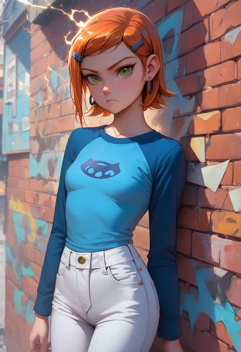 1girl, solo, pants, hair ornament, short hair, orange hair, green eyes, raglan sleeves, hairclip, looking at viewer, jewelry, earrings, white pants, stud earrings, brick wall, shirt, electricity, denim, cowboy shot, long sleeves, blue shirt, jeans, closed ...