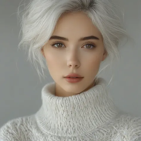 bellissima 1girl, solo, looking at viewer, brown eyes, upper body, white hair, parted lips, blurry, sweater, lips, blurry background, turtleneck, turtleneck sweater, realistic, white sweater