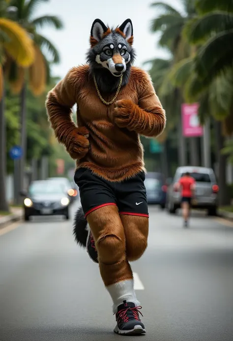 A highly detailed and realistic 3D rendering of a cockroach in fur clothing , eyes, Muscular, and antro ,  running outdoors at high speed on a Sunny day .  The wolfs athletic body shines with sweat , emphasizing your well-defined muscles,  as he runs of a ...