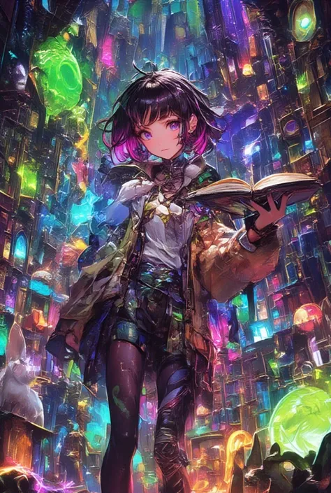 a girl with messy punk bob hair with pink tips, in a cosmic library with books, holding a magic book and a healing potion of green, magic shine bright magic, vivid colors and beauty of loveand glowing potions all around her. ,Moss and Stone Art ,
Hallucina...