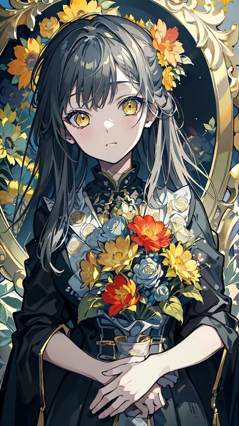 (top quality, masterpiece), (1 girl, solo, black suit, standing, watching viewer, gray hair, yellow eyes, mouth closed, upper body), (huge black bouquet background, floral background)