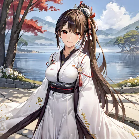 A woman wearing a white kimono with a black flower design, shoulderless kimono, large breasts, dark brown hair, orange eyes, long hair, long ponytail, smiling, red flower in her hair, standing on a dirt sidewalk, overlooking a long lake with trees in the b...