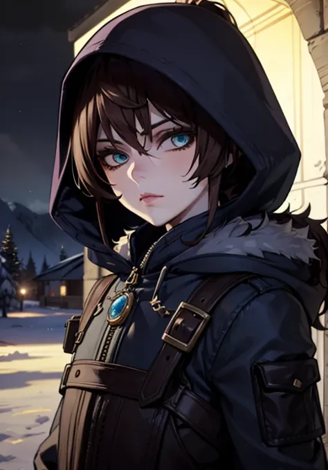 young boy, , final fantasy tatics art style, detailed face, brown hair, blue eyes, wearing dark blue snow jacket, white fur on hood, in a military camp, snowy location, Night, lit by flashlight in background, Looking at Viewer, 4k,