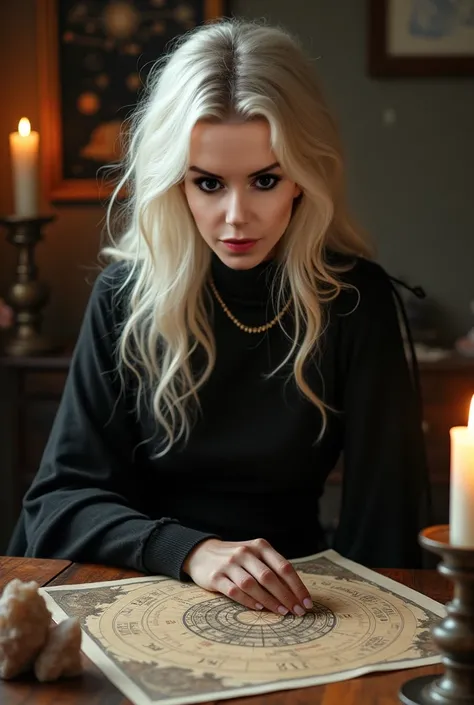 Gorgeous young woman with platinum blonde long hair as an astrologer , dressed in black, Pullover, cloak, Astrology ,  sitting at desk 