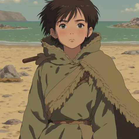 "A detailed anime-style illustration focusing entirely on a solitary character with a soft, grainy texture and muted, earthy tones. The character is a young traveler, wearing a simple, weathered cloak in shades of olive green and faded brown, adorned with ...