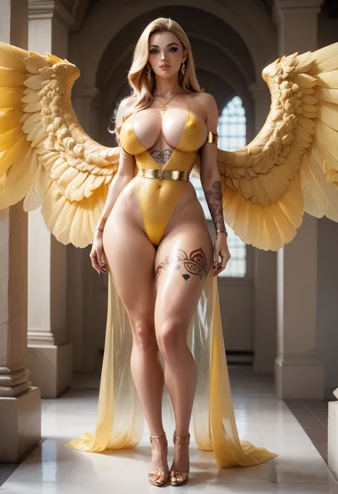 Girls Adas Godmother with wings yellow costume transparent tight long eyelashes long nails blue eyes full body tattoo bodies Athletic big breasts big buttocks long hair bright golden yellow