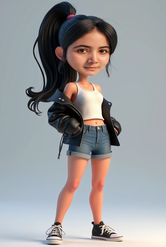  digital 3d style Pixar hd,pop toon face , ,render 3d,blend 3D face  ,big head ,petite body ,  black hair ponytail  , posing dynamic confident ,smuge tekstur emboos 3D face , bump cheek maps effect skin ,A Korean girl , tanktop white  ,black leather jacket...