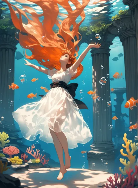 1girl, fish, barefoot, long hair, white dress, dress, bubble, arms up, see-through, looking up, coral, pillar, holding, underwater, air bubble, short sleeves, animal, solo, standing, sash, orange hair, full body, arch, floating hair, ruins, see-through sil...