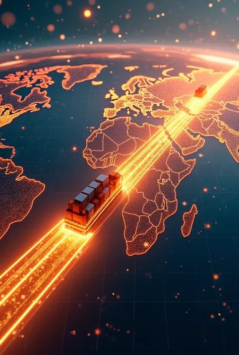  A glowing trade route is a golden path across a stylized world map. Cargo ships ,  airplanes and railroads are visible along the route ,  symbolic of global networks and logistics .