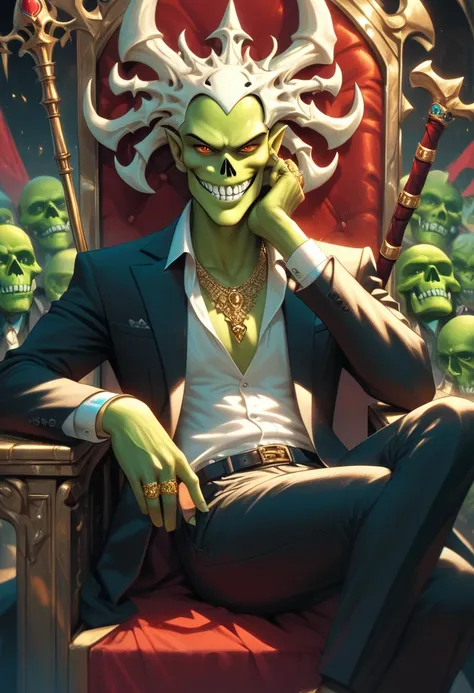 1boy, ring, male focus, jewelry, solo, sitting, skull, money, necklace, red eyes, colored skin, staff, smile, suit, green skin, formal, grin, looking at viewer, multiple rings, throne, pants, chair, banknote, gold, jacket, shirt, evil smile, zPDXL3, detail...