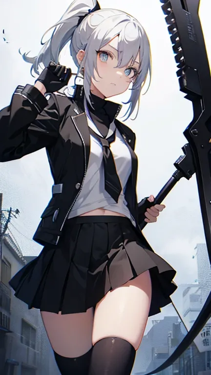 Medium height anime girl with white short ponytail. Determine yellow eye color with black eye patch, wears black school uniform, short skirt, long white sock, tactical glove wields long futuristic scythe.  Manga anime art style