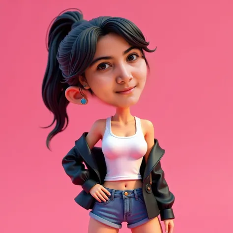  digital 3d style Pixar hd,pop toon face , ,render 3d,blend 3D face  ,big head ,petite body ,  black hair ponytail  , posing dynamic confident ,smuge tekstur emboos 3D face , bump cheek maps effect skin ,A Korean girl , tanktop white  ,black leather jacket...