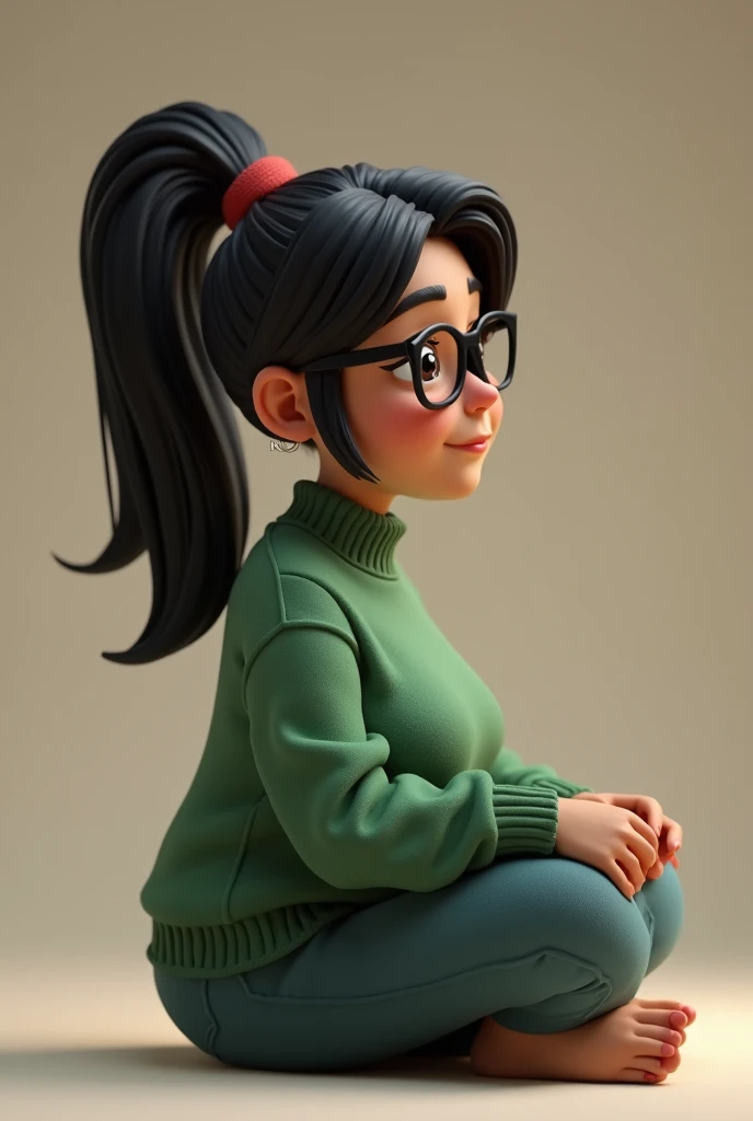 Cartoon character of a dark-skinned 49-year-old, 75-kilo woman wearing black glasses and a green sweater with straight black hair tied in a ponytail without fringe an animated character posing sideways for a photo, stylized character,  animation style rend...