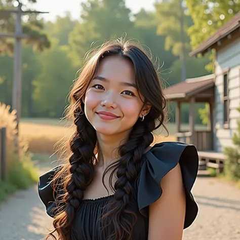 1girl, 20 years old, short and attractive, wearing a cute country dress, hair braided, standing in a rustic farm setting. She has a soft, gentle smile and expressive eyes. In the background are charming barns, golden wheat fields and clear blue skies. The ...