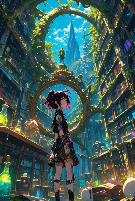 a girl with messy punk bob hair with pink tips, in a cosmic library with books, holding a magic book and a healing potion of green, magic shine bright magic, vivid colors and beauty of loveand glowing potions all around her. ,Moss and Stone Art ,
Hallucina...