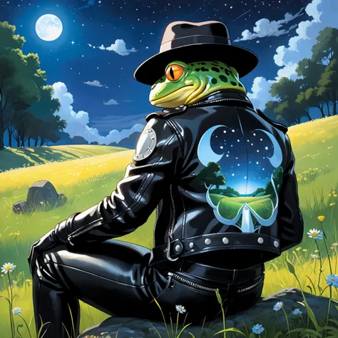 Closeup, Studio Ghibli Cartoon, Starry night, an extremely badass anthropomorphic light blue and white bullfrog wearing an insanely cool black leather biker jacket open with zipper details, black fedora, black shirt, black leather biker gloves, black leath...