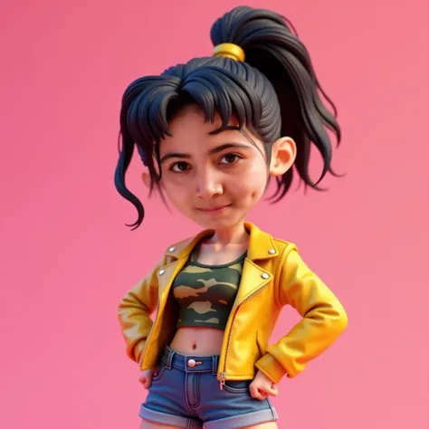   digital 3d style Pixar hd ,pop toon face , ,render 3d,blend 3D face  ,big head ,eye turn ,petite body ,  black hair ponytail  , posing dynamic confident ,smuge tekstur emboos 3D face , bump cheek maps effect skin ,A Korean girl , camouflage tanktop , glo...