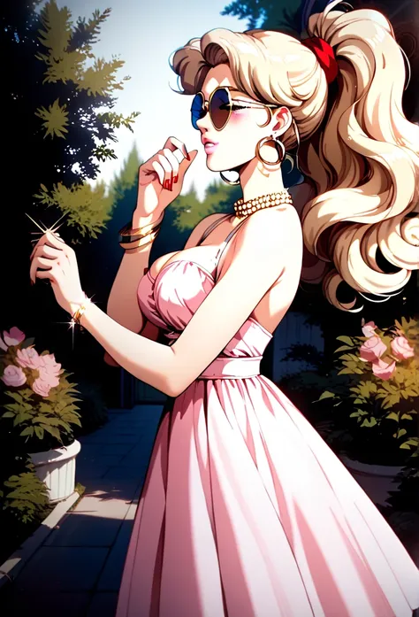 1girl, solo, masterpiece, best quality, (anime art style:1.0), blushing, round breasts, long blonde curly hair, high ponytail, gold hoop earrings, long pink strapless dress, fair skin, beautiful girl, soft pink lips, painted red fingernails, sunglasses on ...