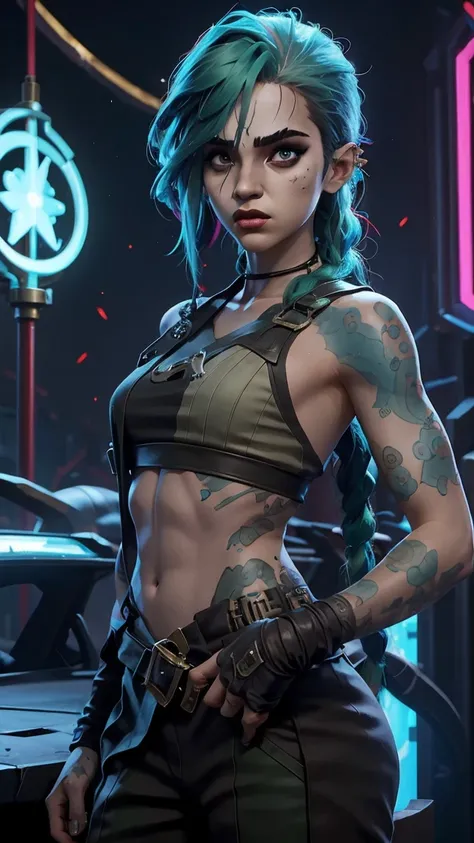 Gafe arcane, uma mulher com  green hair  e tatuagens,  Cyberpunk Woman Anime , pants, 
 Beautiful angry cyberpunk goddess ,  cyberpunk art style ,  cyberpunk anime digital art , cyberpunk anime art, arcane Gafe Retrato, cyberpunk anime art,  cyberpunk-them...